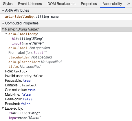 Chrome ডেভেলপার টুলস aria-labelledby থেকে ইনপুট অ্যাক্সেসযোগ্য নাম দেখাচ্ছে
